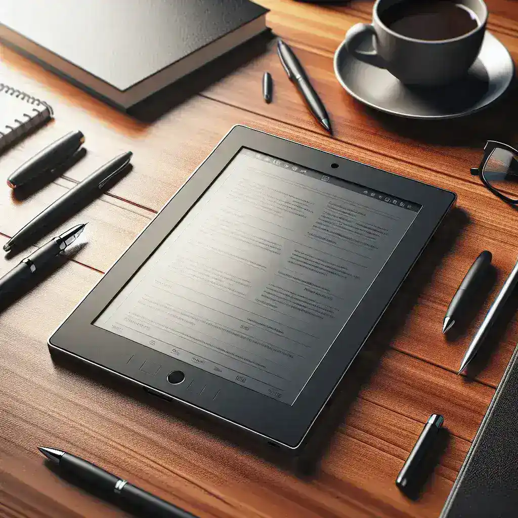 "Onyx Boox e-ink tablet designed for professionals, showcasing sleek design and advanced features in a modern office setting."