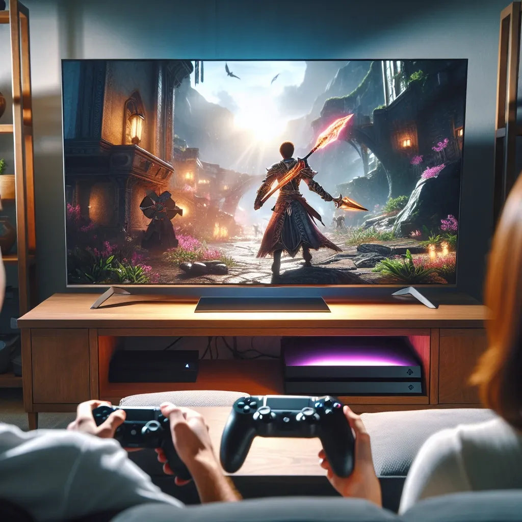 "Jugador disfrutando de una experiencia de juego suave y sin interrupciones en consola, gracias a la tecnología FreeSync, que mejora la sincronización de imágenes y reduce el desgarro de pantalla."