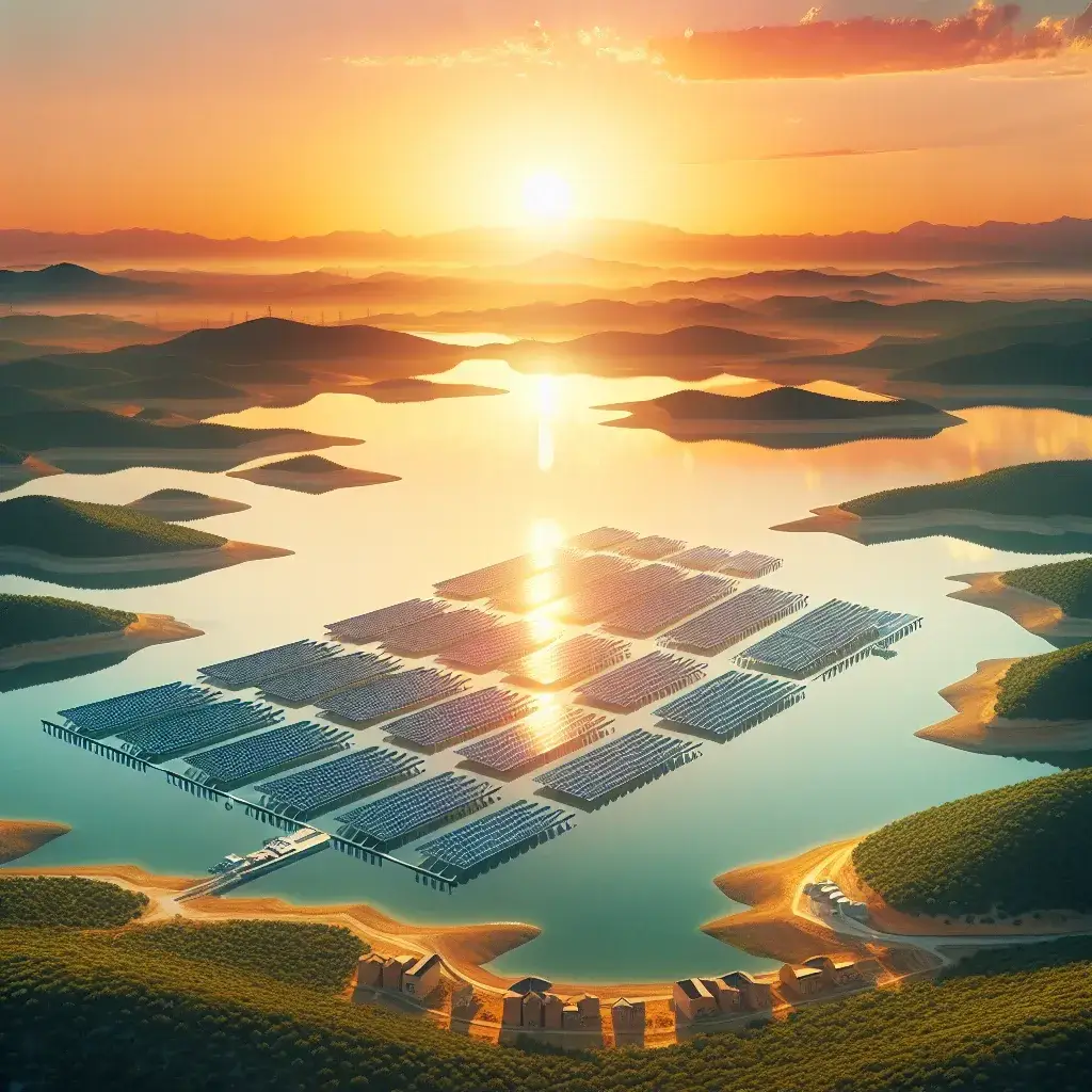"Imagen de la primera planta solar flotante de Iberdrola conectada en septiembre en Castilla La Mancha, destacando paneles solares sobre el agua y un paisaje natural."